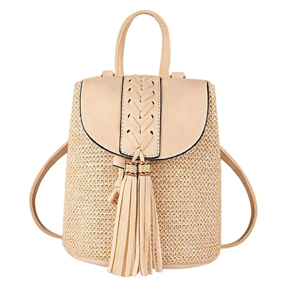 Straw Woven Shoulder Bag Travel Beach Daypack Beige