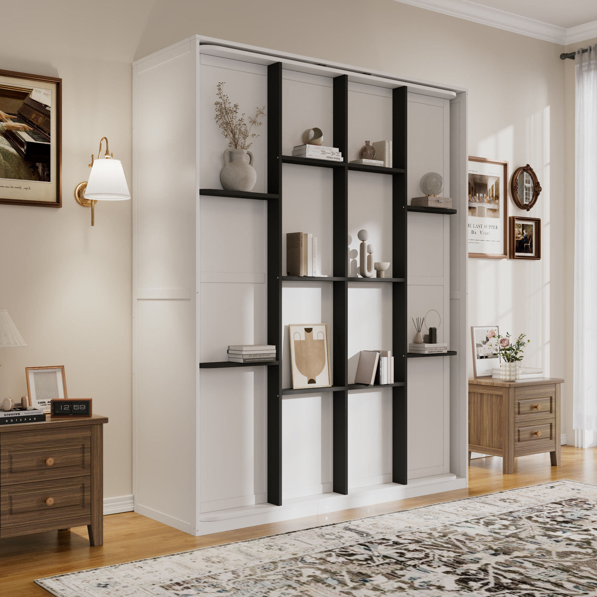 Mintazer Queen Size Murphy Bed with Rotating Door Shelves, Convertible Wall Platform Bed with Bookcase for Home Bedroom Living Room, White
