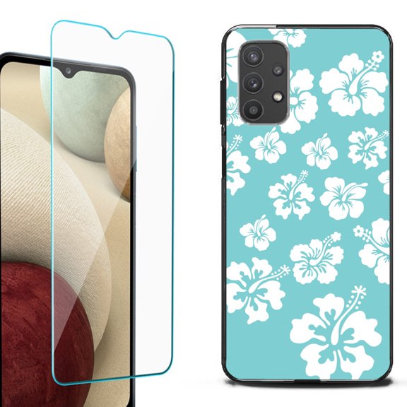 Slim-Fit Flexible TPU Gel Phone Case (black) for Samsung Galaxy A32 5G, with Tempered Glass Screen Protector, by OneToughShield ® - Hibiscus Teal