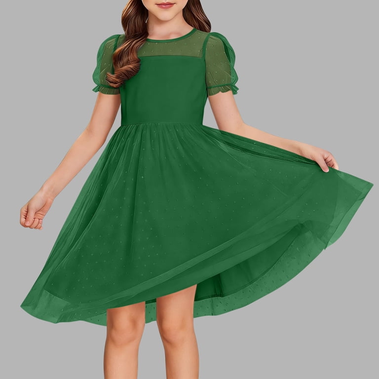 girls army green dress YuXingFu Kids Girls Dress, New Style Short Sleeve ,Round Neck Flared Print  Princess Dress for Child Girls Purple 14 Years