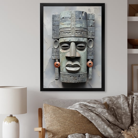 Designart "Baule Serenity Grey Mask" People Framed Wall Art - Global Grey African Mask Hallway Framed Wall Art Decor