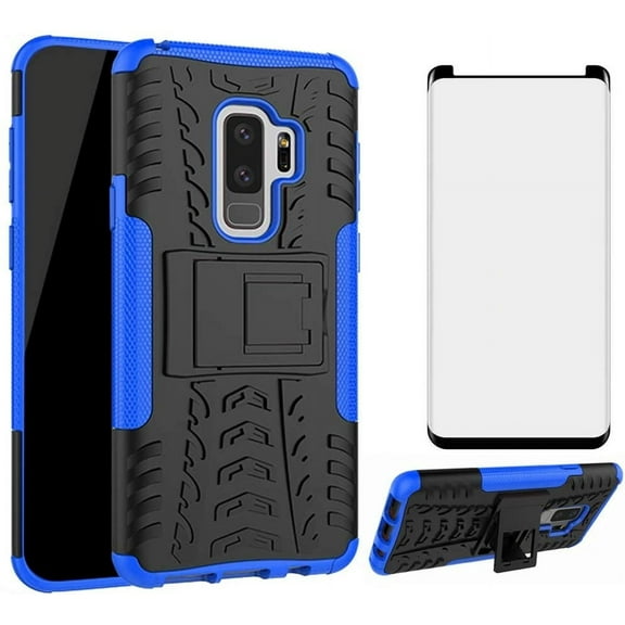 Phone Case for Samsung Galaxy S9 Plus with Tempered Glass Screen Protector Cover and Stand Kickstand Hard Rugged Hybrid Protective Cell Accessories Glaxay S9 9S 9 S 9 9plus S9plus Cases Black Blue