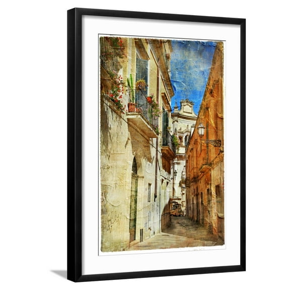 Art.com Italian Old Town Streets- Lecce.Picture In Painting Style Art Print by Maugli-l, Black Frame Wall Art, 21" x 29"