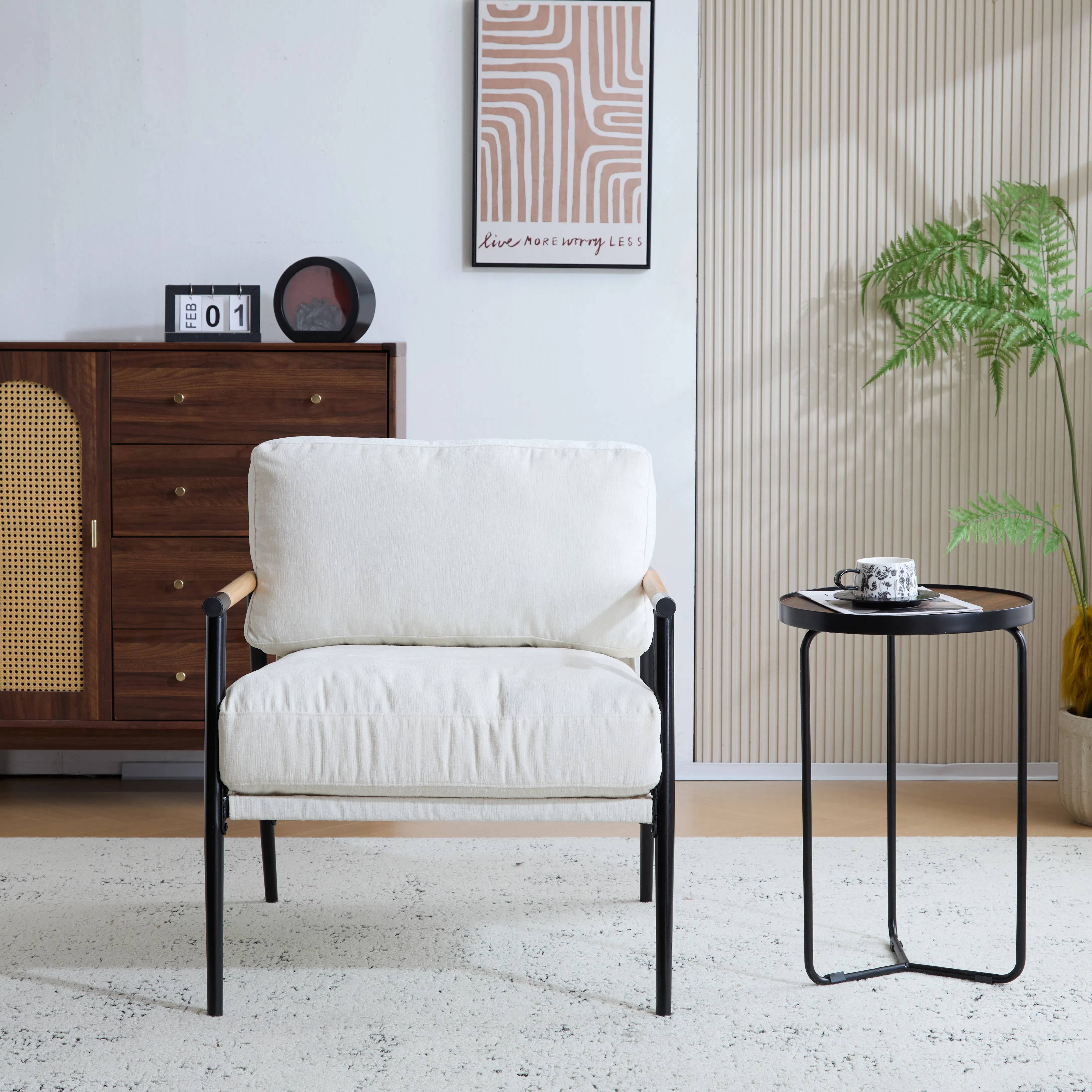 EUROCO 26"W Modern Accent Chair,Upholstered Modern Lounge Arm Chair with Plush Cushions, Minimalist Metal Frame and Wooden Armrest Design,Reading Leisure Chair for Living Room,Waiting Room,White