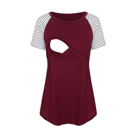 

Dezsed Breastfeeding Shirts For Women Clearance Sumemr Maternity Clothes Patchwork Round Neck Nursing Tops Casual Soft Double Layer Short Sleeve Pregnancy Shirt