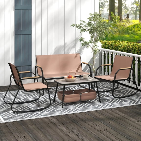 Auranook 4 PCS Patio Furniture Set with 2 Rocking Bistro Chairs 2-Tier Coffee Table