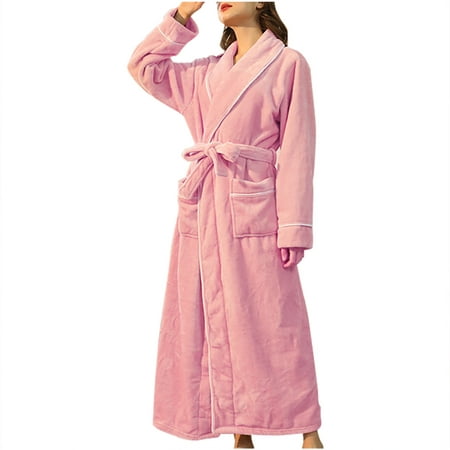 

Women Mens Winter Long Plush Robe with Belt V Neck Long Sleeve Fuzzy Warm Fleece Bathrobe Soft Sleepwear Nightgowns
