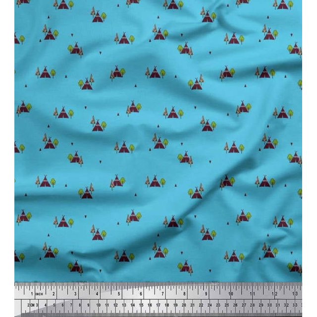 Soimoi Japan Crepe Satin Fabric Triangle,Tree & Tent Tribal Print Sewing Fabric Yard 42 Inch Wide