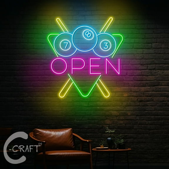C-CRAFT Billiard Open Neon Sign LED Light 23 inch for Snooker Billiard Pool Hall Wall Art Decor