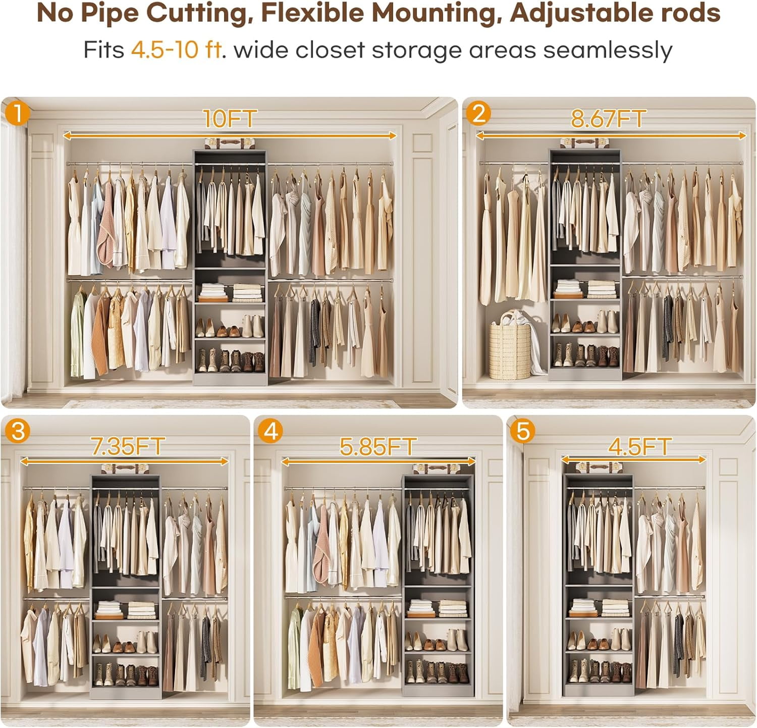 Homieasy 20.5 - 120'' W Closet System with Hanging Rods(Cut to Fit), Gray