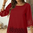 thumbnail image 4 of Womens Tops Plus Size Tops for Women Ndbuld Women's 3/4 Sleeve Lace Patchwork Crew Neck Solid Color Casual Top Wine XL, 4 of 9
