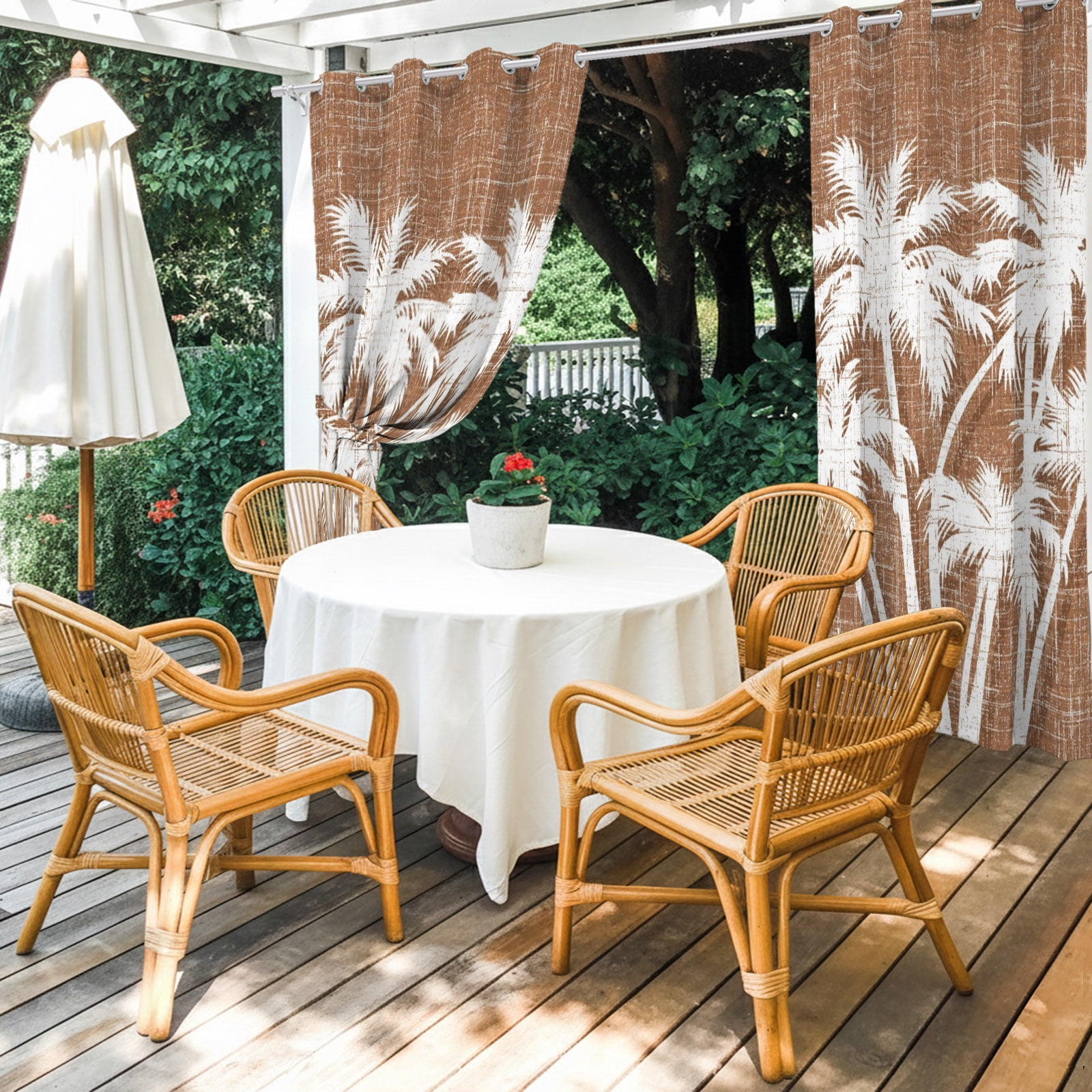Palm Tree Outdoor Curtains for Patio, Tropical Plant Coastal Summer Brown Sunshade Privacy Drapes Grommet Waterproof Outside Curtains for Porch/Cabana/Balcony 54"x 108", 1 Panel
