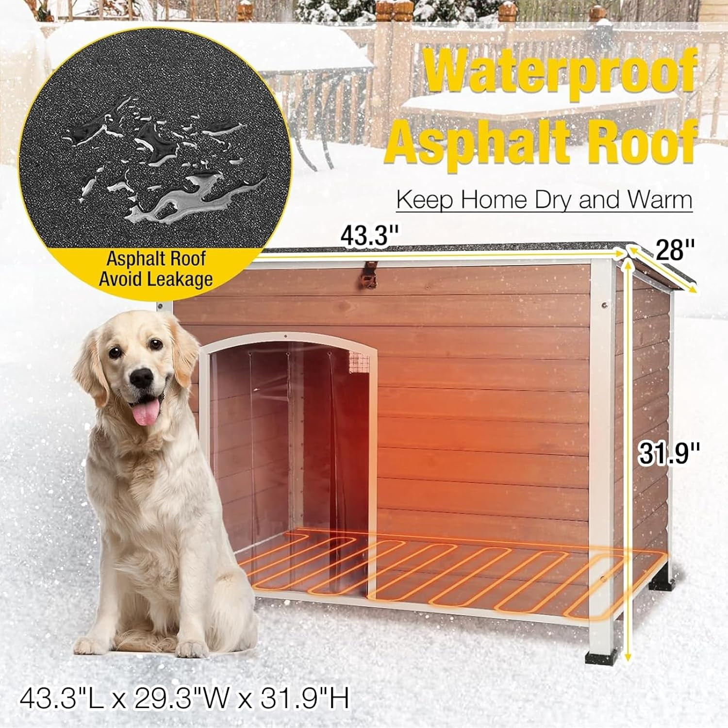 Aivituvin Insulated Heated Dog House with Insulated Liner & Heating Pad, All-Around Iron Frame Large Outdoor Dog House for Small & Medium & Large Dogs, Waterproof, Light Brown