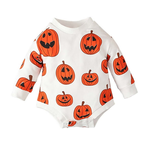 Luxalzxs Baby Long Sleeve Onesies Newborn Infant Toddler Halloween Outfit Cute Pumpkin Print Sweatshirt Romper One-Piece Bodysuit Jumpsuit