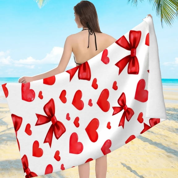 RKSupls Red Bow Heart Microfiber Beach Towel, Extra Large Quick Dry Lightweight Towel for Travel Swimming Camping, Soft Super Absorbent- 55.1x27.6in