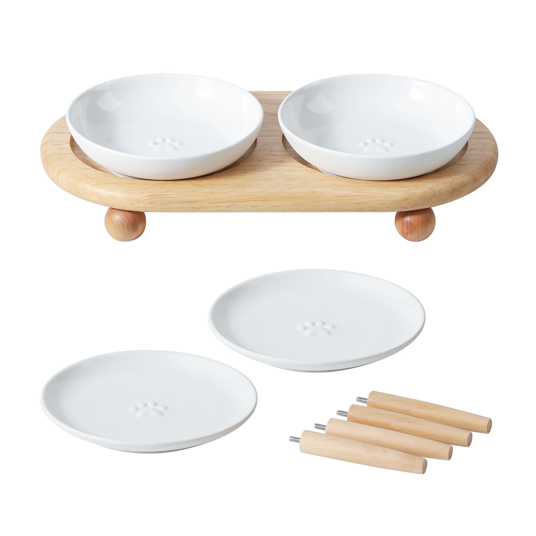 LarqeeWare Ceramic Raised Cat Dishes, Food & Water Bowl with 2 Style Stand Adjustable Raised Pet Bowl Set (2Dish+2Shallow Dish+Stand, White)