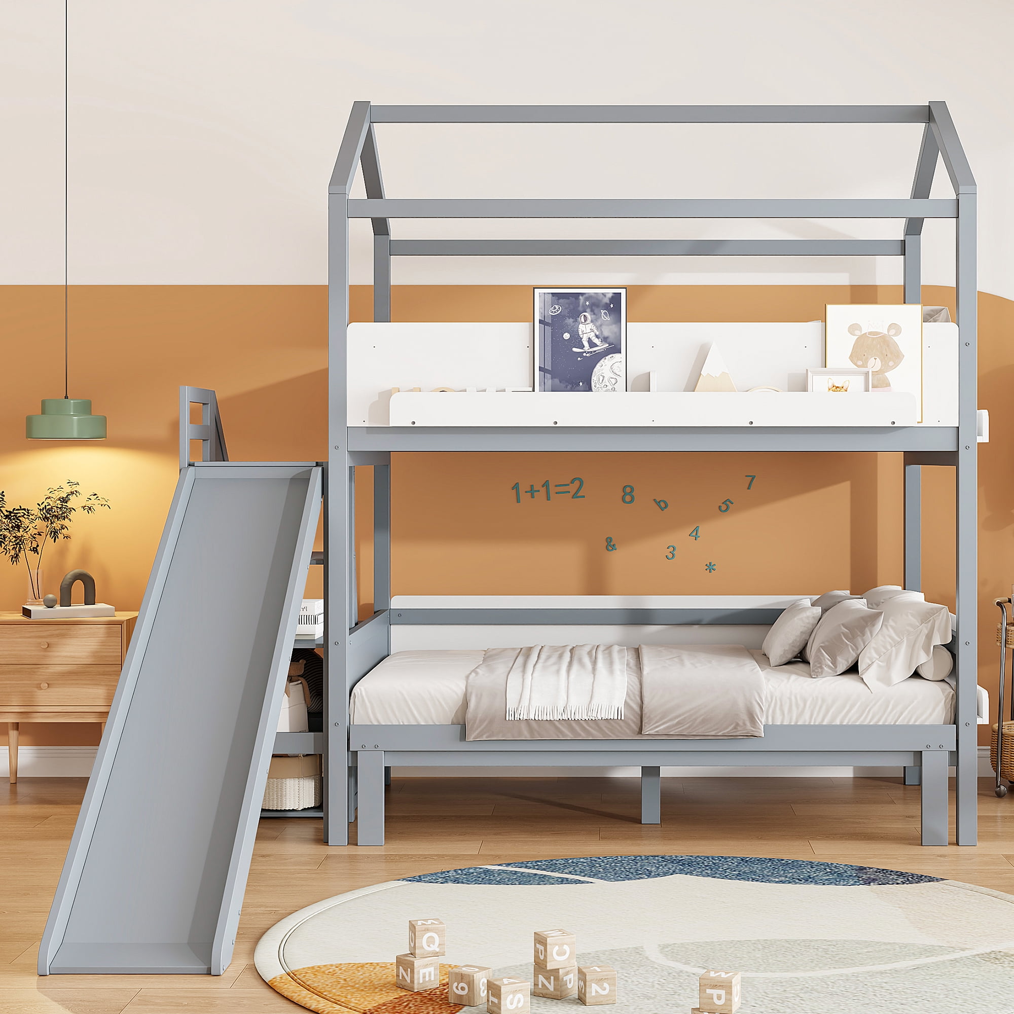 Mintazer Kids Twin Over Full Bunk Bed House-Shaped Bed Frame with Slide & Storage Staircase for Children Bedroom, Gray