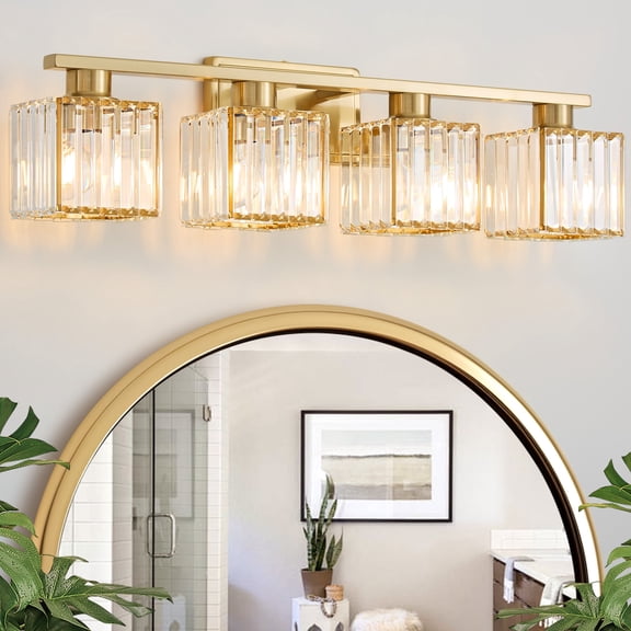 Deyidn Modern Bathroom Vanity Light 4-Lights Modern Gold Brushed Brass Finish Crystal Bathroom Wall Light Bathroom Vanity Light Fixtures