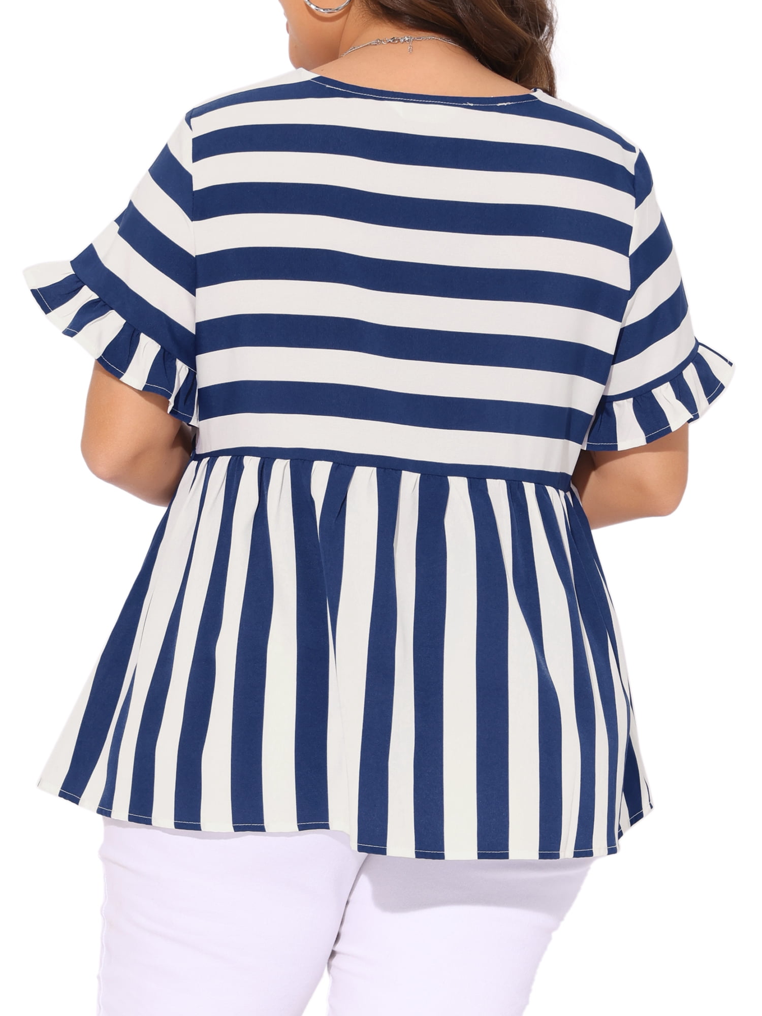 DARING DIVA Women's Plus Babydoll Ruffle Peplum Top 2X Blue White