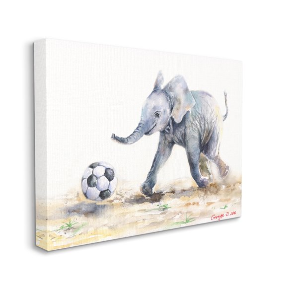 Stupell Industries Elephant Baby Playing Soccer Adorable Jungle Animal Canvas Wall Art, 36 x 48, Design by George Dyachenko