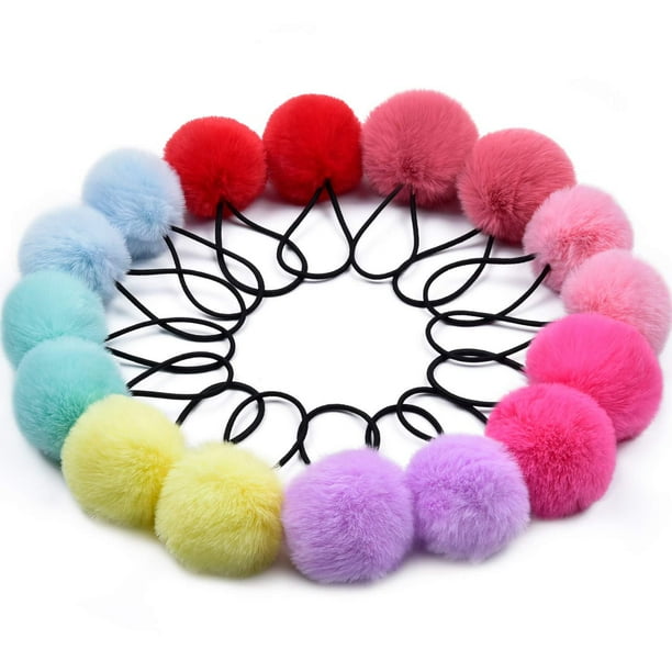 Lazos para el cabello con pompones, 16 piezas, lazos para el cabello para niñas, accesorios para el cabello, soportes de cola de caballo esponjosos, banda para el cabello con pompón para niñas pequeñ