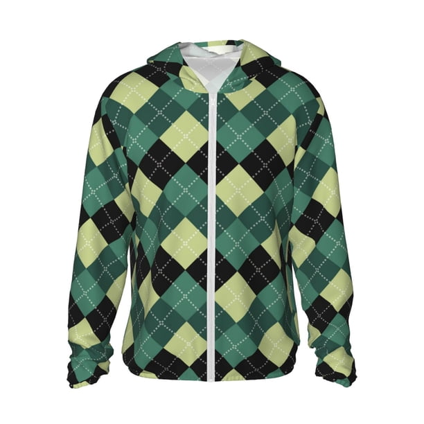Fotbe Green Squares Chaqueta con Protección Solar UPF 50+ para Hombre y Mujer, Camisa con Capucha y Bolsillos-Small