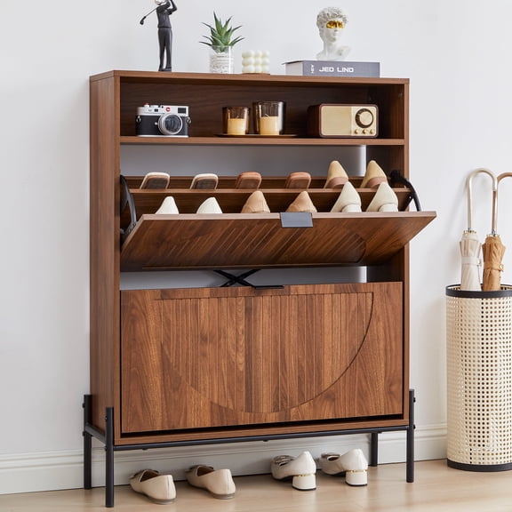 LEFHDA Shoe Cabinet with 2 Flip Drawers, 6-Tier Wood Entryway Shoe Organizer, Narrow Freestanding Storage Rack with Fluted Door & Metal Legs, for Bedroom, Balcony, Walnut