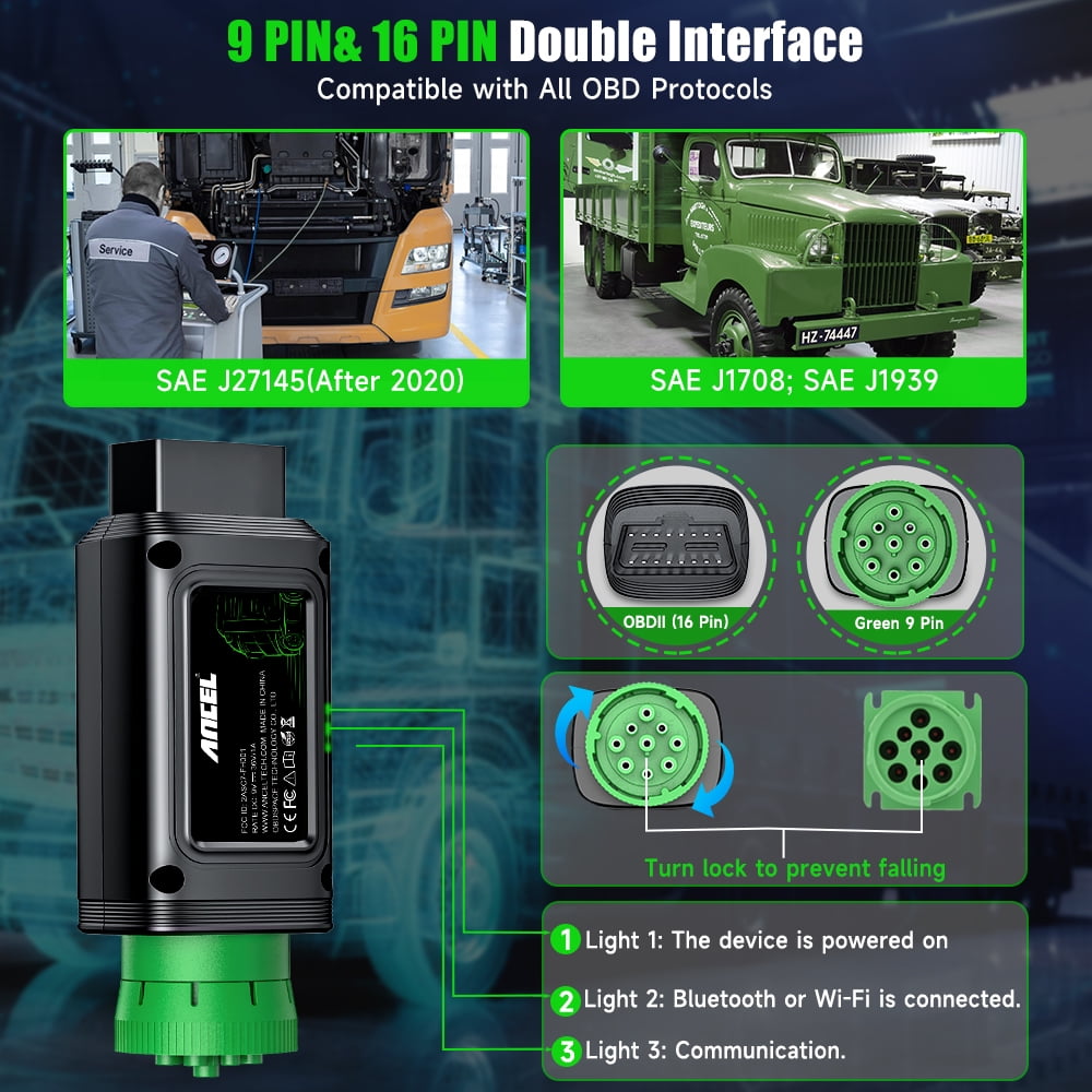 ANCEL Bluetooth Wireless Heavy Truck Diesel Truck Scanner Full System Truck Diagnostic Tool with D.P.F Re-gen Fits for Detroit Paccar, 24V Truck 12V Car 2 in 1 Engine Code Reader Scanner