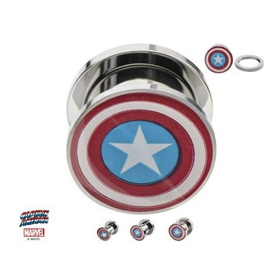 Marvel PSCPTA-2G-PR Screw Fit Stainless Steel Plugs with Captain America Logo, 2g