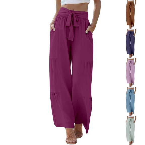 Kelon Womens Casual Pants with Pockets High Waist Adjustable Knot Loose Casual Trousers Business Work Casual Pants S-2XL