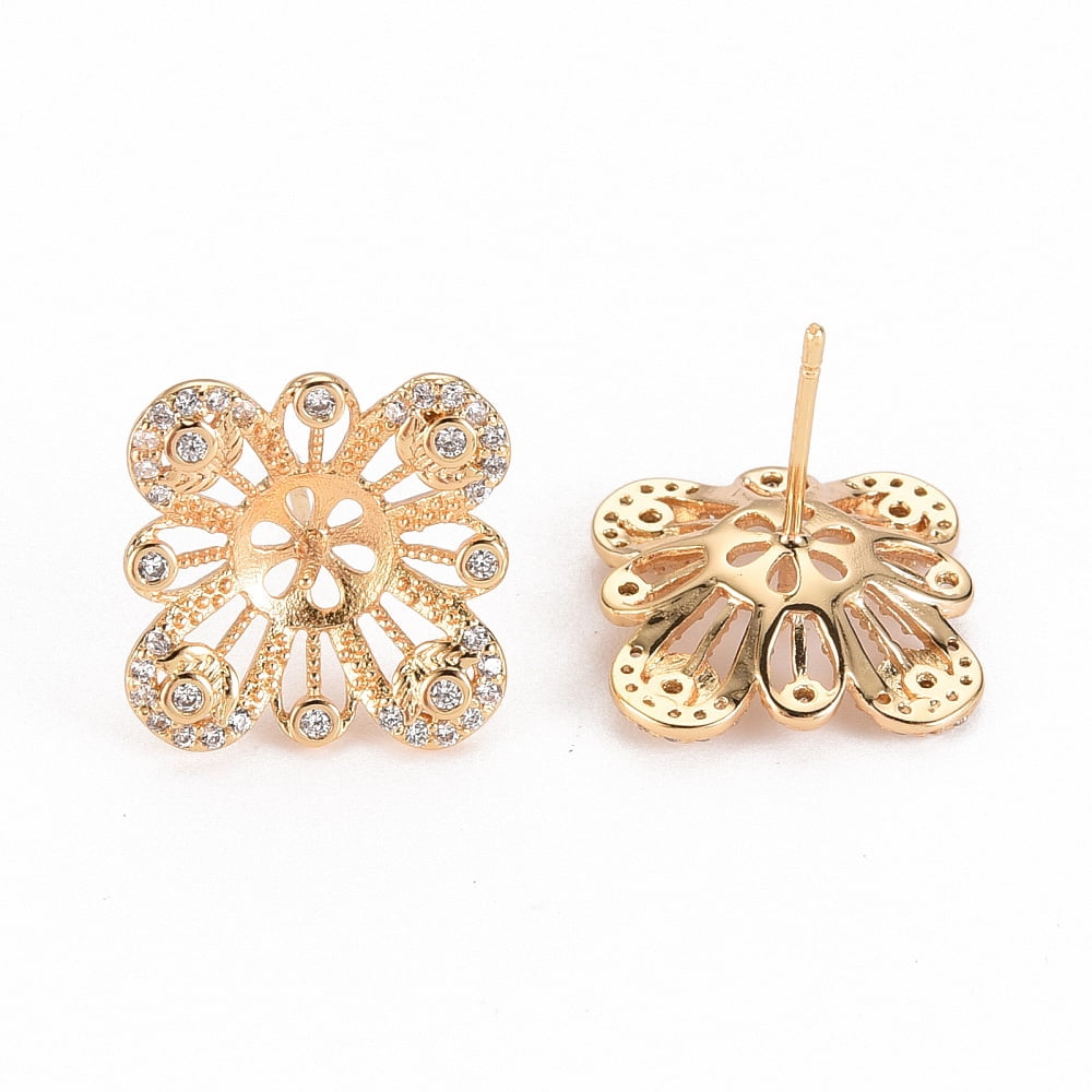 20pcs Brass Micro Pave Clear Cubic Zirconia Stud Earring Findings for Half Drilled Bead Nickel Free Flower golden 14.5x14.5mm Pin: 0.7mm Pin: 0.8mm(for Half Drilled Bead)