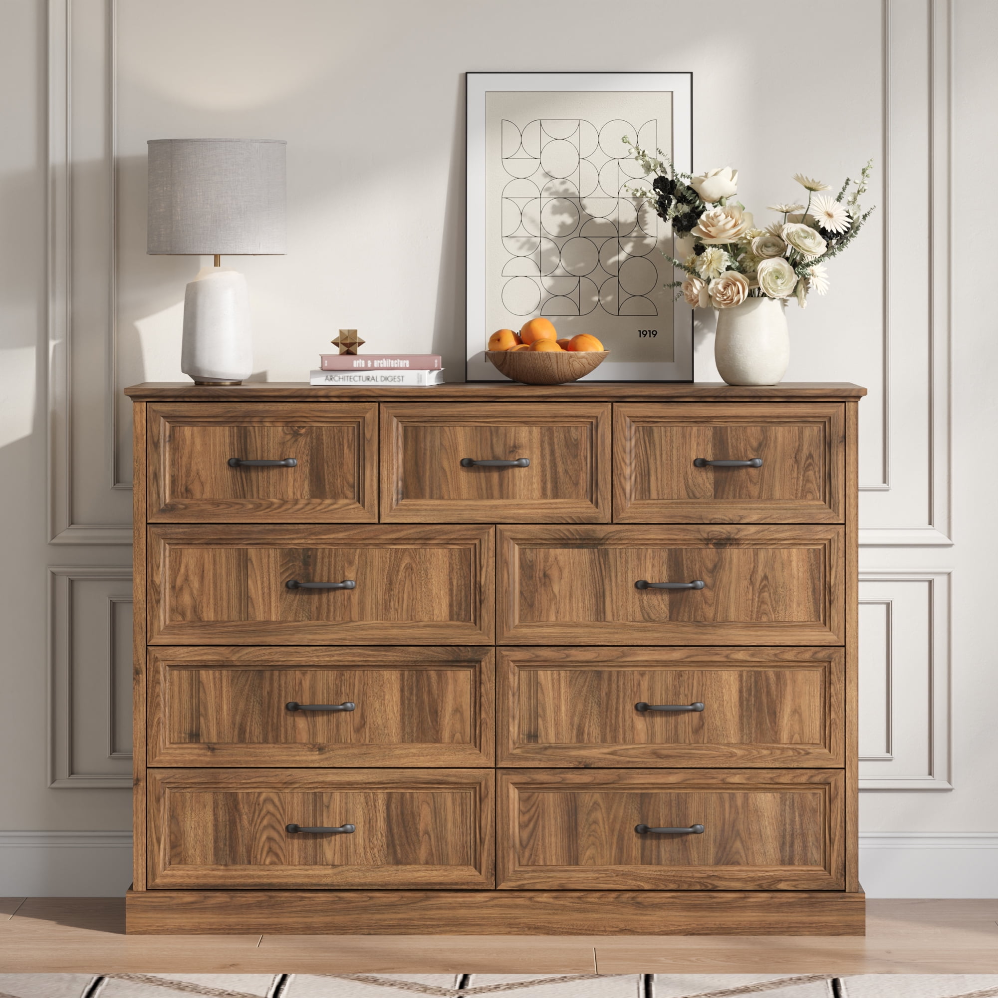 YouTrend Rustic 9-Drawer Wood Dresser, Large Storage Chest Organizer with Metal Handles for Bedroom, Living Room, Farmhouse Style Furniture,Brown