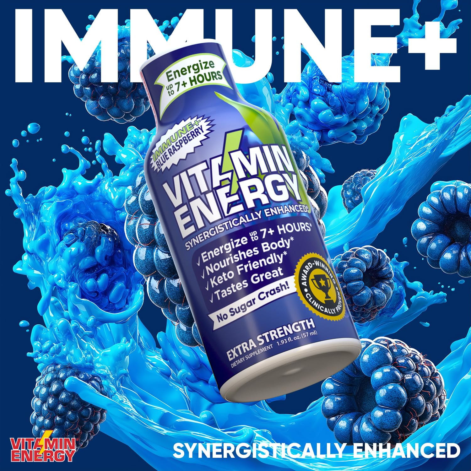 Vitamin Energy Immune+ Extra Strength Shot, Blue Raspberry, 12 Pack – 260mg Natural Caffeine, B-Vitamins & Citicoline, Zero Sugar, 1.93 fl oz