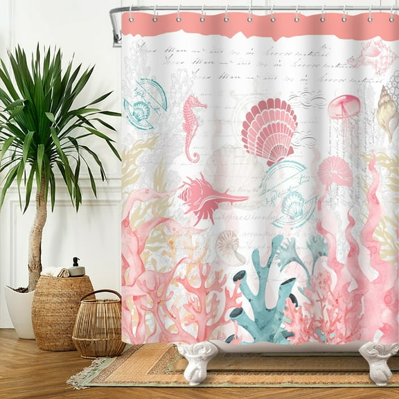 SUNOLIFE Ocean Beach Theme Shower Curtain,Pink Nautical Coastal Coral Fabric Bathroom Curtain with Hooks,72x72 in