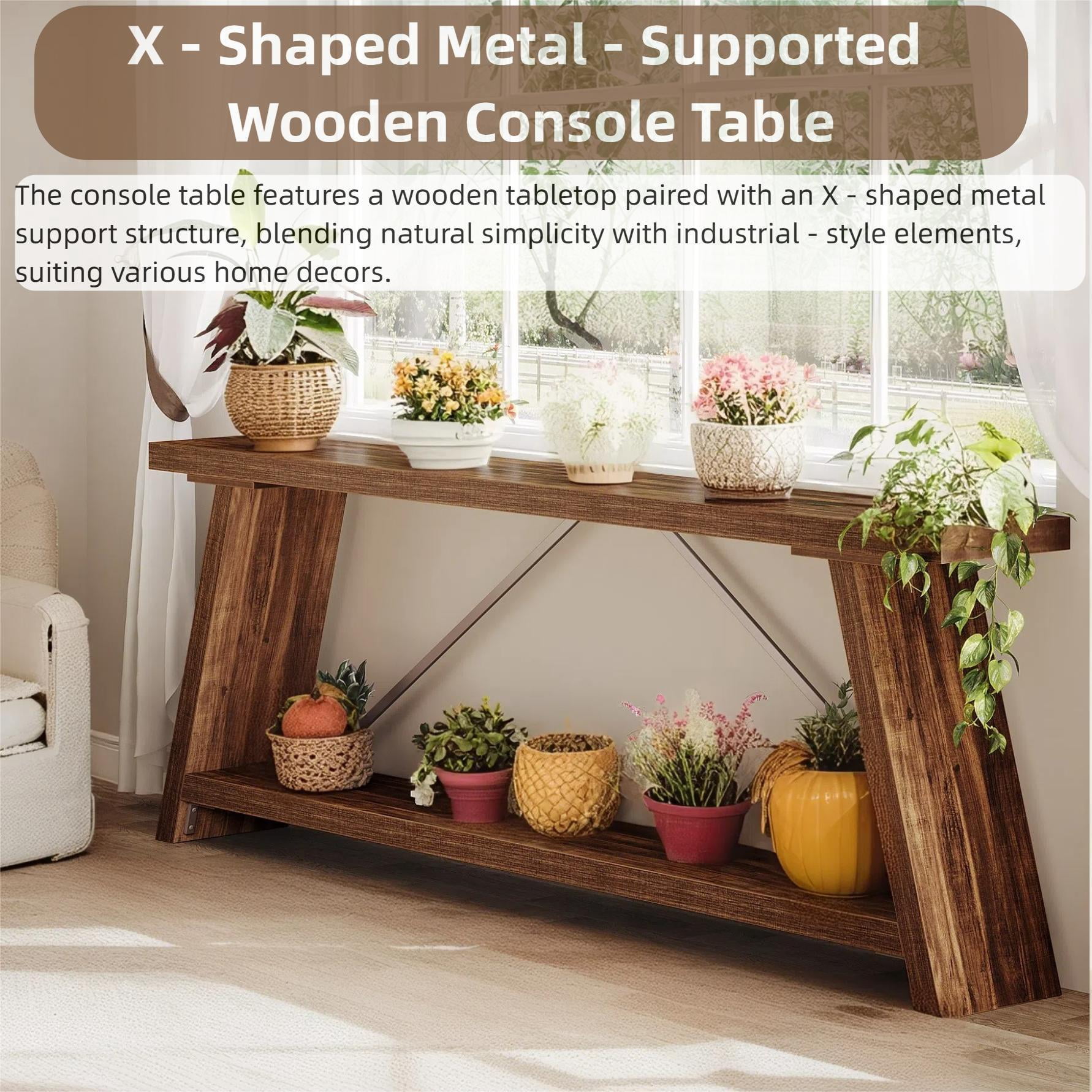 Fnova 70.87" Farmhouse Console Table for Entryway, 2-Tier Storage Long Narrow Wood Entryway Table, Metal Frame, Easy Assembly, Dark Brown