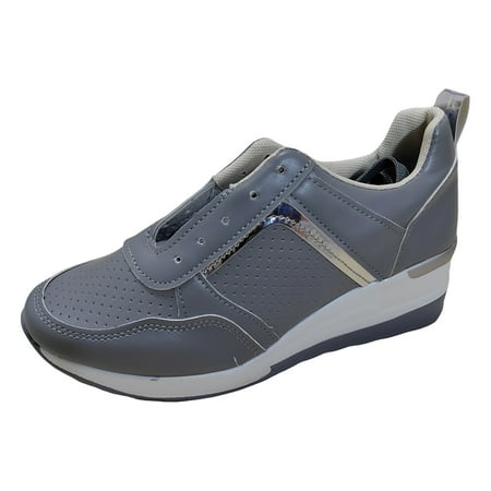 ZIZOCWA Leather Lace Up Work Sneaker for Women Breathable Thick Sole Casual Sports Shoes Walking Sneakers Womens Non Slip Slip On Shoes Women Comfortable Grey Size42