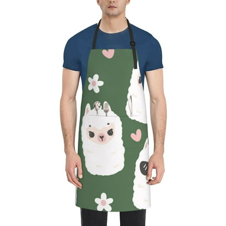 

Qekee Alpaca Faces Print Waterproof Apron with Pockets Adjustable Cooking Aprons Kitchen Bib for Baking Household Cleaning
