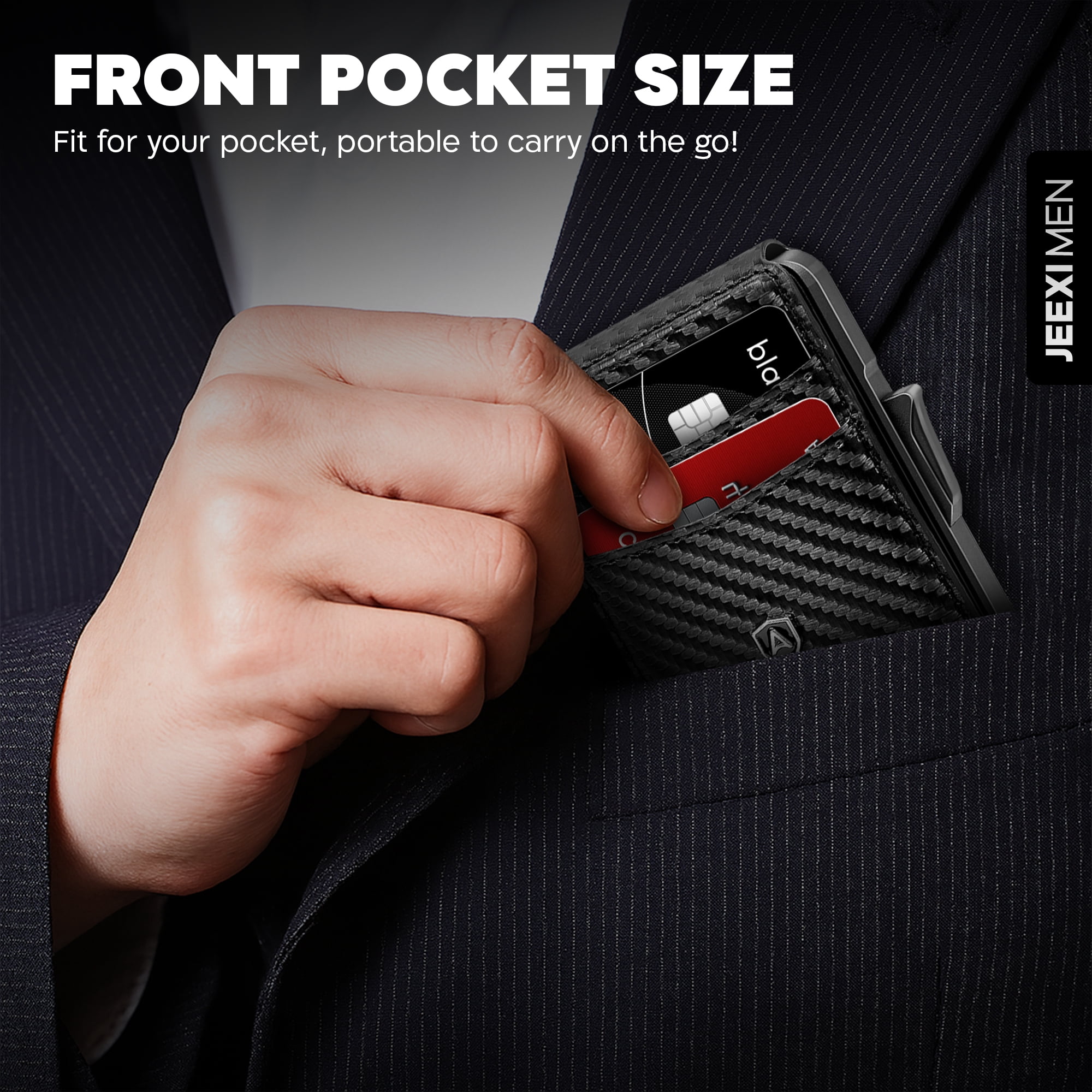 AOMGO Carbon Fiber Slim Wallet for Men - RFID Blocking Minimalist Bifold with Money Clip & Card Ejector | Holds 12 Cards, Cash | Front Pocket Leather Wallet, Secure Credit Card Holder for Travel