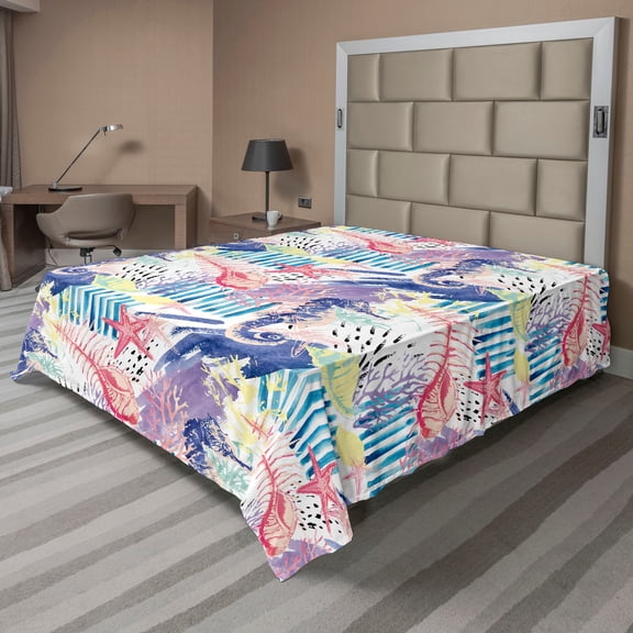 Ambesonne Nautical Themed Flat Bedding Sheet Soft Top Sheet, Modern Seahorse Art, California King, Dark Lavender Dark Coral