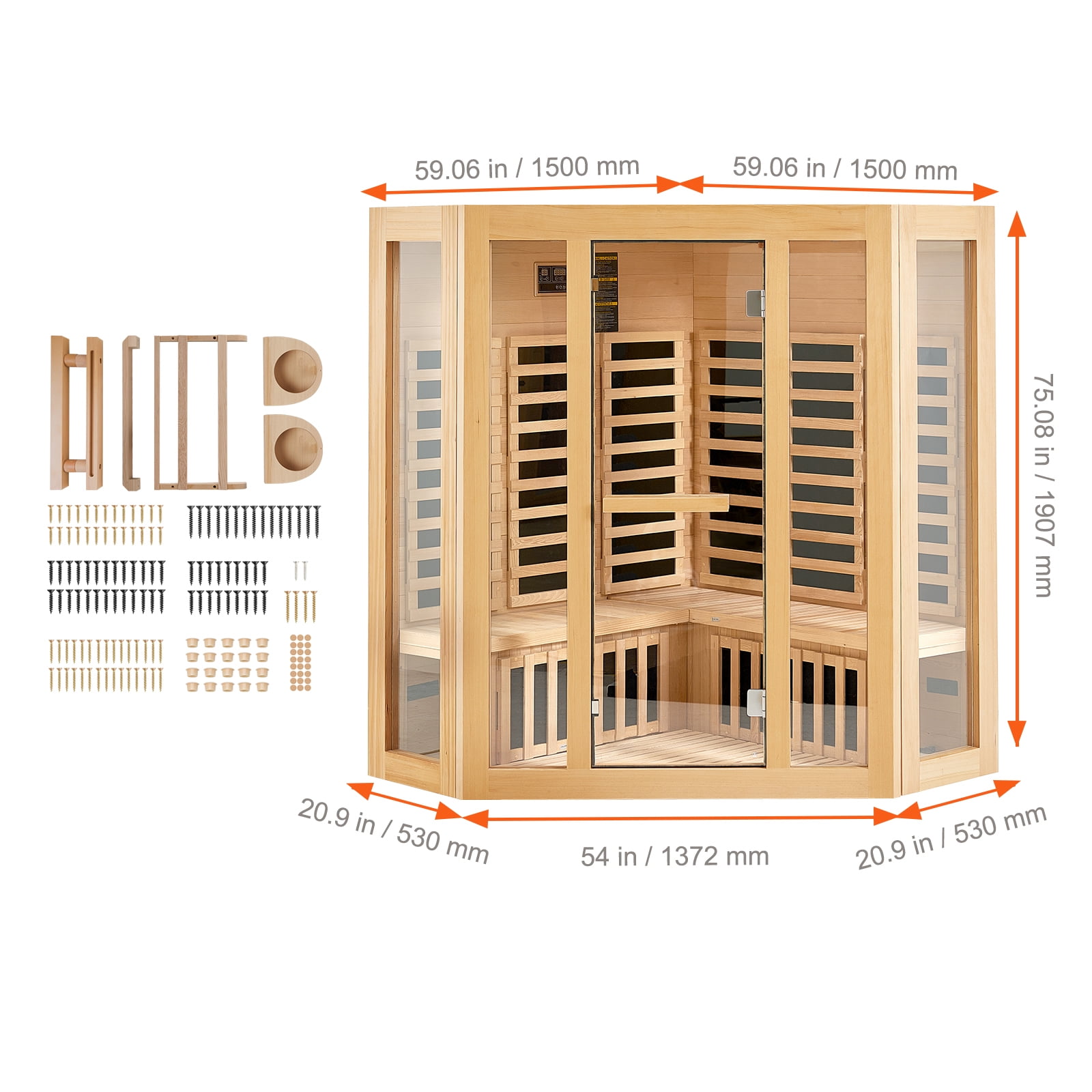 KFFKFF Infrared Sauna for Home, Accommodates 3-4 People, Crafted from Hemlock Wood with Low EMF, Features Tempered Glass Door, Bluetooth Speakers & Color Therapy Lighting, 2470W for Indoor Use