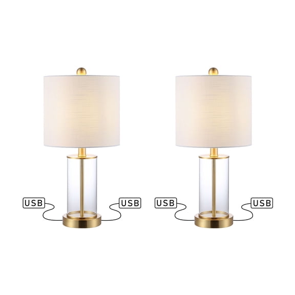 JONATHAN Y Abner 21" Glass Modern Contemporary USB Charging LED Table Lamp, Brass Gold (Set of 2), JYL8500B-SET2