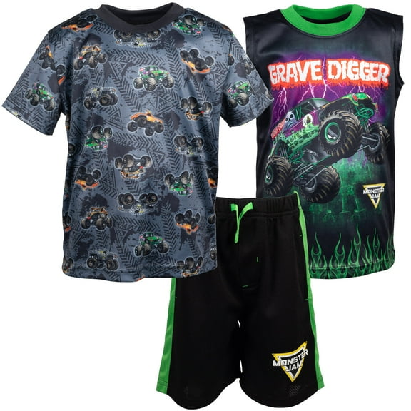Monster Jam Toddler Boys T-Shirt Tank Top and Mesh Shorts 3 Piece Outfit Set Toddler to Big Kid