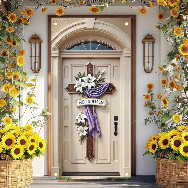 Decoración de primavera para puerta de entrada de Pascua, corona de Él ha resucitado, cruz cristiana, cubierta de puerta, guirnalda, puerta de entrada grande de Pascua, decoración de iglesia, con lir