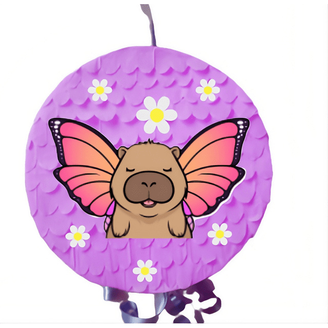 Capybara Piñata , Mignon Motif de Papillon sur Fond Violet, Pinata Rond pour Fête d'Anniversaire d'Enfants