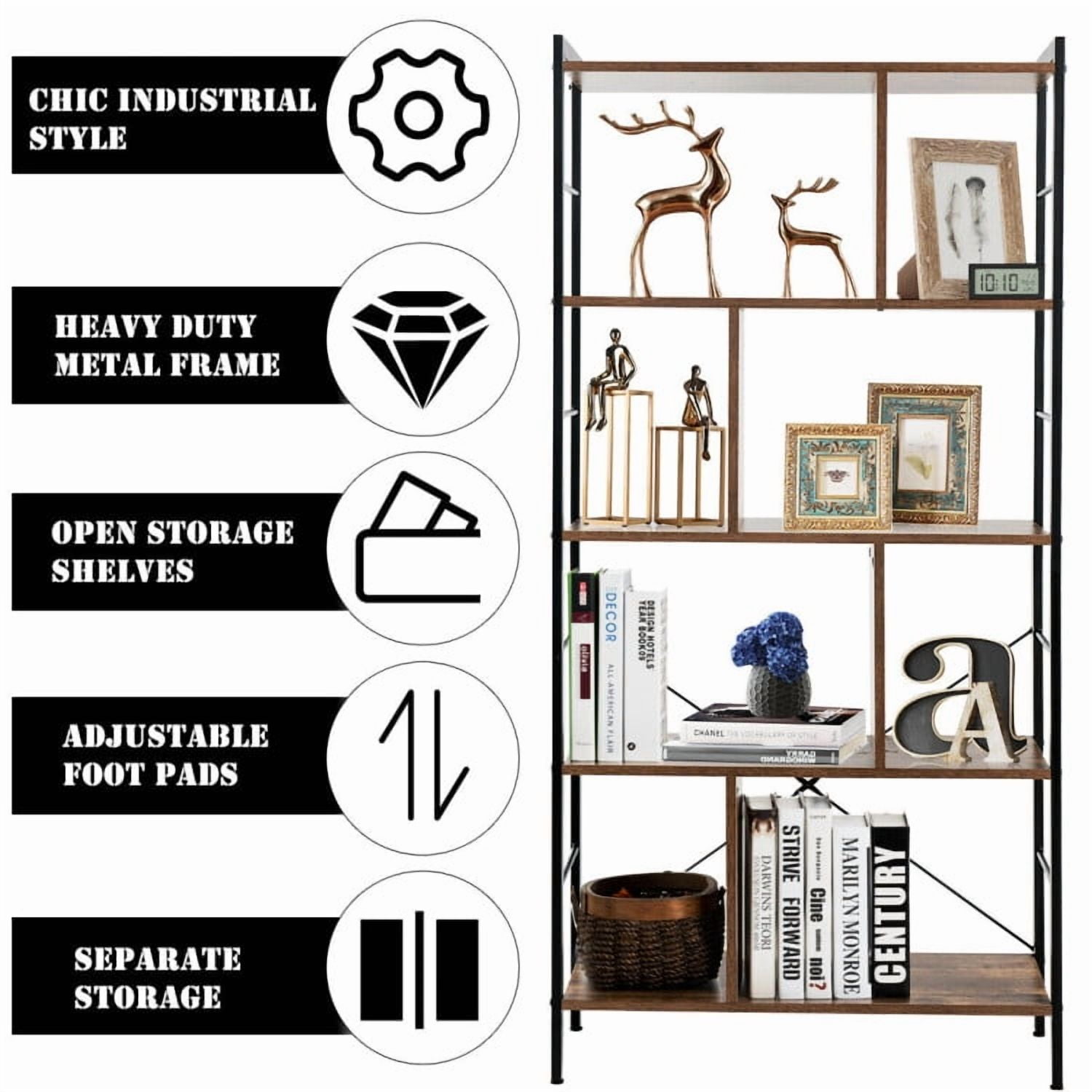 Demi Bonn 4-Tierdustrial Freestanding Bookshelf with Metal Frame, Display Rack for Plants and Books, Brown
