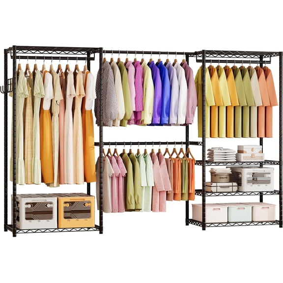 Heavy Duty Garment Rack, 1000LBS Max Load Freestanding Closet Organizer with 6 Storage Shelves & 3 Adjustable Hanging Rods, Multifunctional, Glossy Black, 15.75" D x 70-88.5" W x 76.5" H