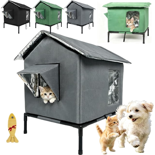 Maison pour Chat Extérieure Surélevée Toutes Saisons – Imperméable, Isolée et Pliable pour un Confort Douillet, Maison pour Chat Extérieure Résistante aux Intempéries avec Base Surélevée dans Garage, Cour, Véranda pour Chats Errants, avec Fenêtre (Gris,m)