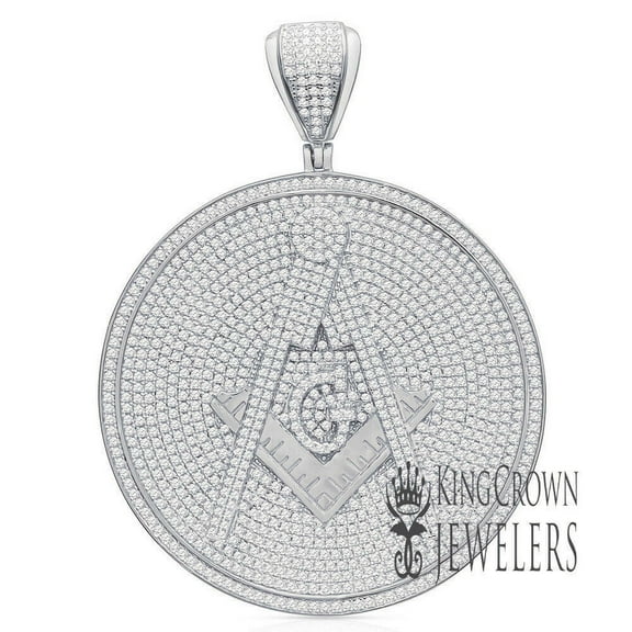 Mens Big 2.75'' Real White Gold Over Sterling Silver Freemason Masonic G Compass Medallion Lab Diamonds Pendant Charm
