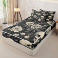 thumbnail image 2 of Manfei Vintage Rose Skull Zipper Queen Comforter Set with Fitted Sheet and 2 Pillowcases, Halloween Gothic Flower Zipper Bedding Set, Black Ivory Cream,Black Reversible,4-Piece, 2 of 6