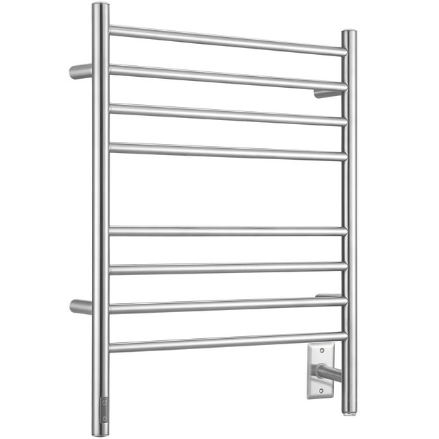 Ancona Prestique OBT Chauffe-Serviettes Mural à 8 Barres avec Minuterie Intégrée Intégrée en Acier Inoxydable Brossé. Ce Chauffe-Serviettes Mural Présente 8 Barres Horizontales avec une Finition en Acier Inoxydable Brossé, Offrant Deux options d'Installation : Filaire Ou à Brancher. Il Comprend une Minuterie Intégrée avec Réglages de 2, 4 et 6 Heures, et un Interrupteur Marche/arrêt Protégé contre l'Humidité. Idéal pour Salles de Bain, Buanderies Ou Vestiaires, Il Réchauffe les Serviettes en 15 minutes et Fonctionne à 120 V, 110 W. Certifié Cet